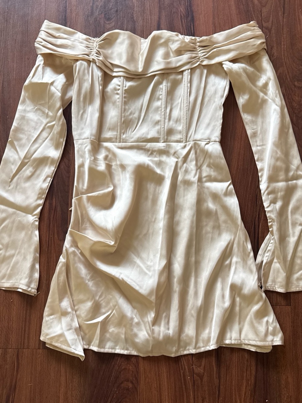 PrettyLittleThing Cream Off-Shoulder Satin Long Sleeve Mini Dress